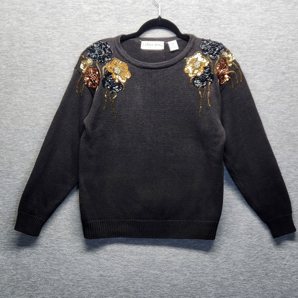 Vintage 80s Celina Yang floral squins knitted sweater women S grandmacore preppy